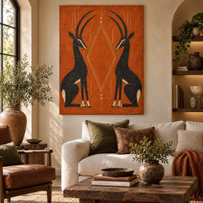 Antelopes in Balance: above a cream sofa beside a brown leather chair