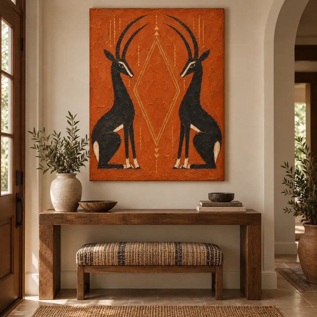 Antelopes in Balance: above an entry console with a patterned cushioned bench