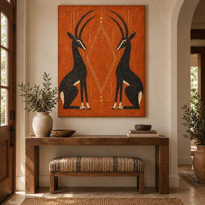 Antelopes in Balance: above an entry console with a patterned cushioned bench