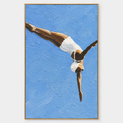 Arc into Blue: A figure in white diving diagonally across a blue background