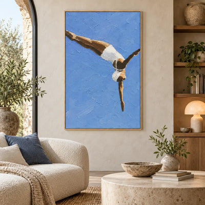 Arc into Blue beside a curved cream sofa near an arched window and open shelves