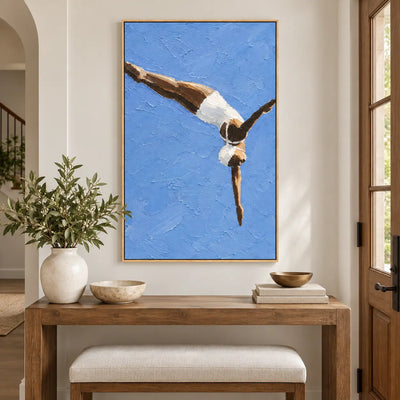 Arc into Blue above an entry console and upholstered bench beside a glass door