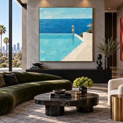 At the Infinity Corner: above a ribbed console behind a green sofa and flowering arrangement
