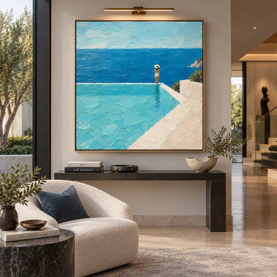 At the Infinity Corner: above a narrow dark console beside a white sofa and tall window
