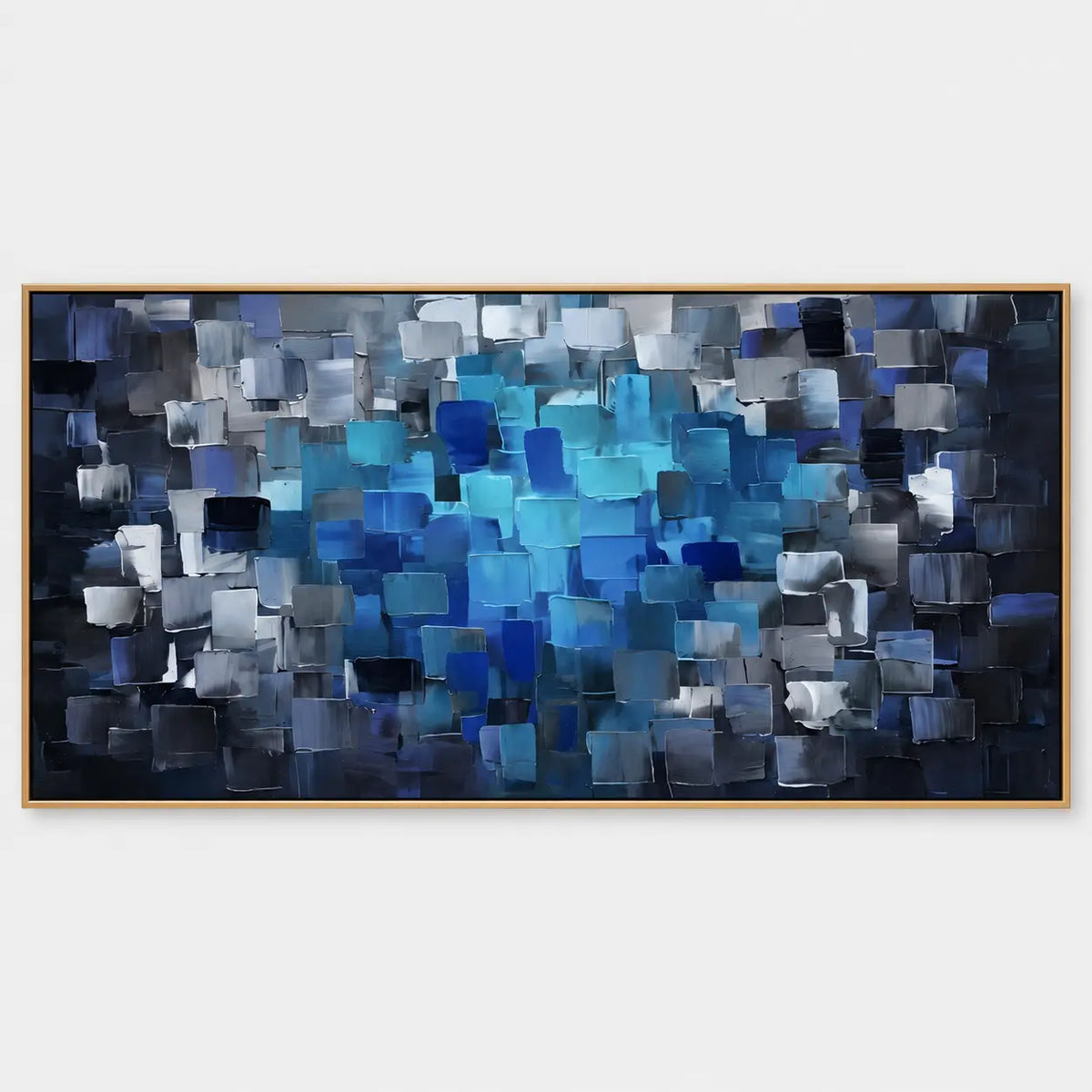 Azure at the Center: Overlapping blue and gray rectangular marks gather around a luminous turquoise center