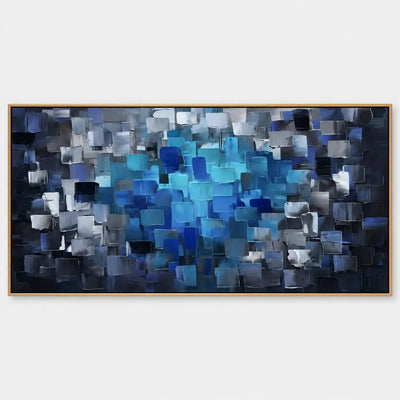 Azure at the Center: Overlapping blue and gray rectangular marks gather around a luminous turquoise center