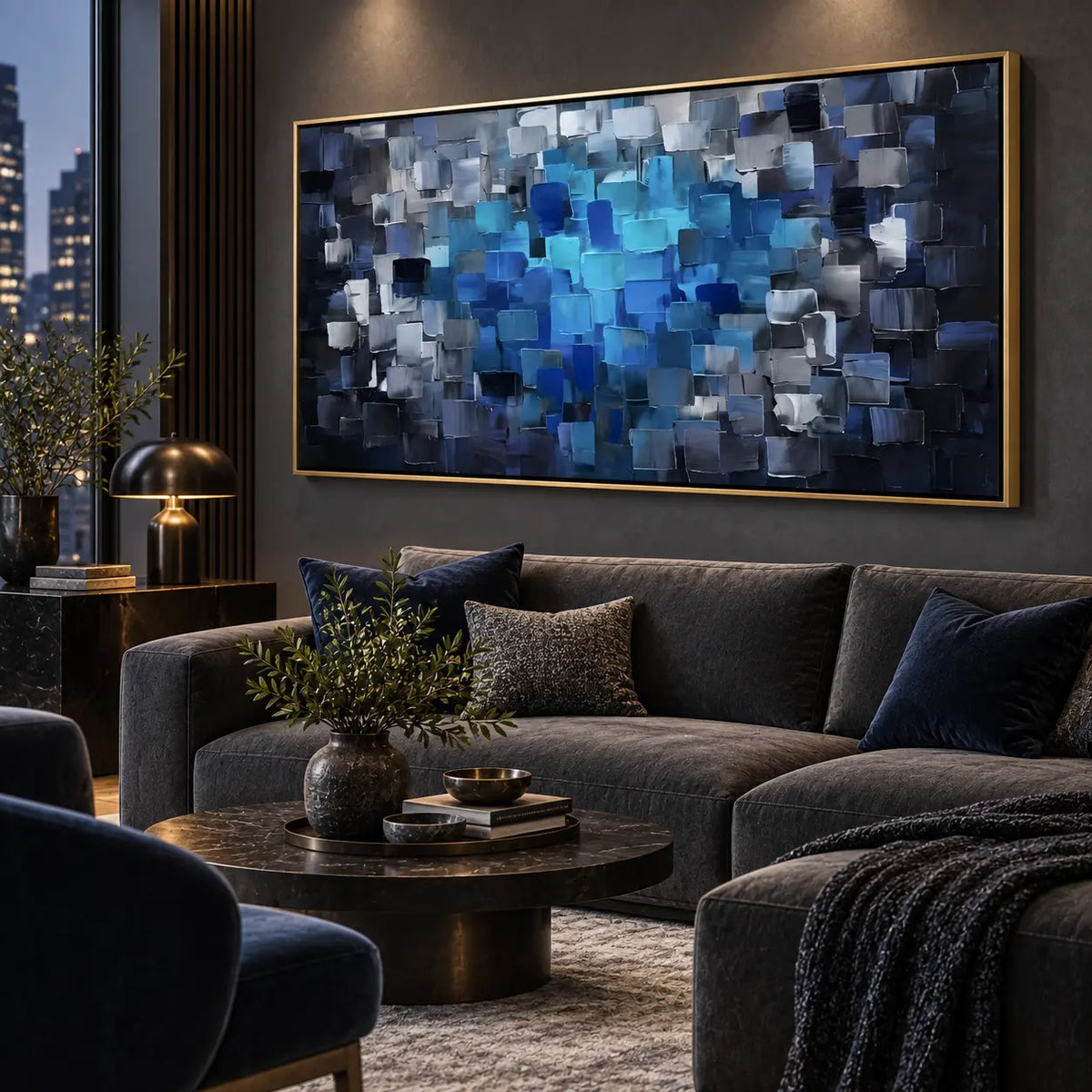 Azure at the Center: viewed at an angle above a charcoal sofa beside a tall window