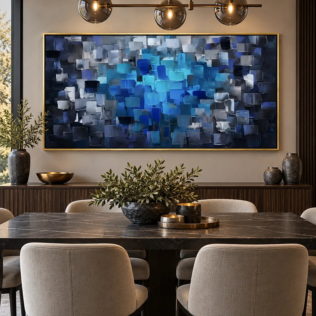 Azure at the Center: above a dark dining sideboard beneath smoky glass globe lights