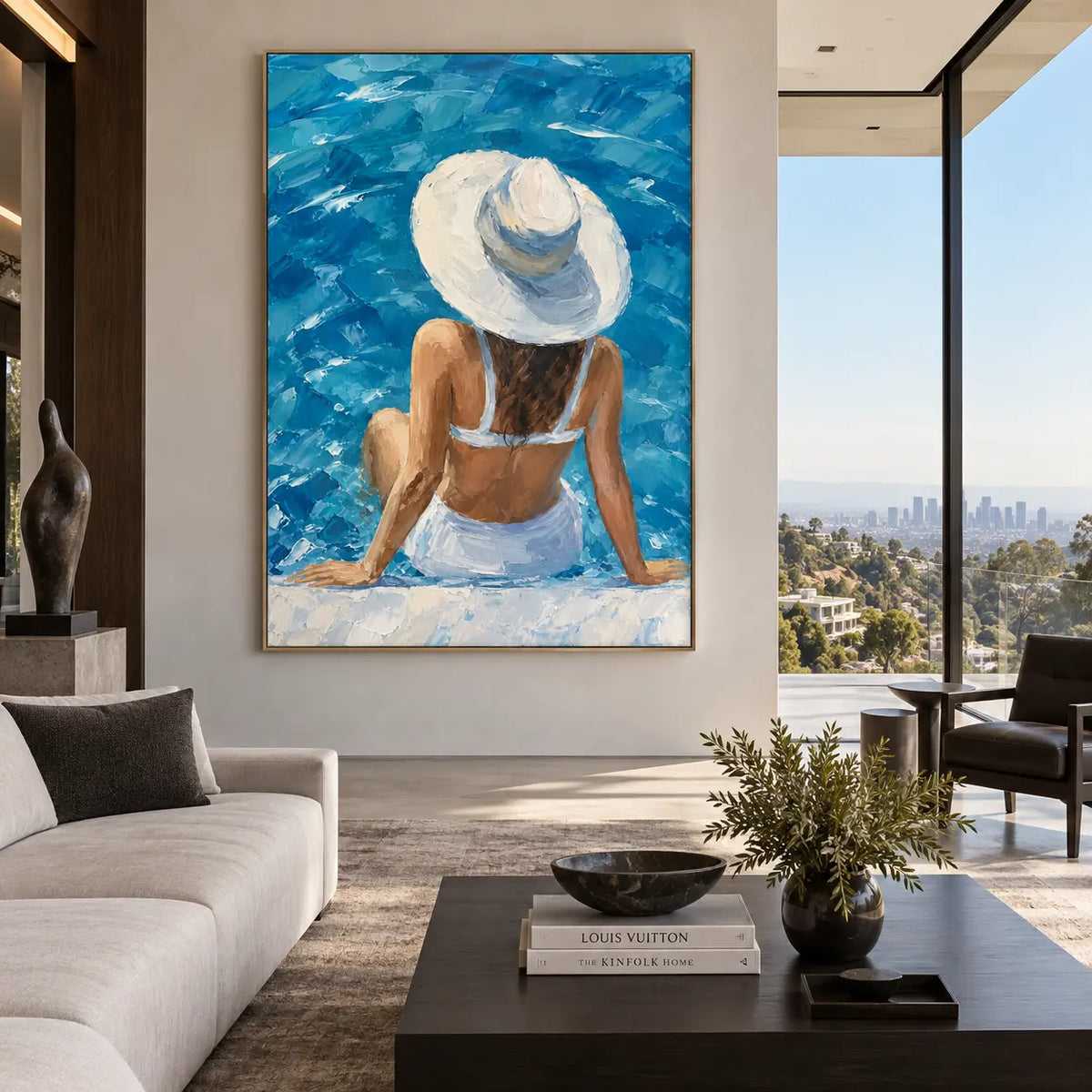 Beneath a Sunhat Brim: opposite a cream sofa and low dark table beside a window