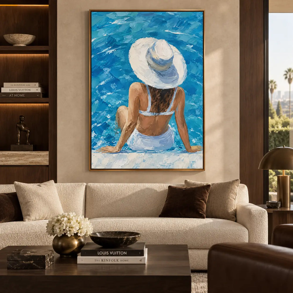 Beneath a Sunhat Brim: above a cream sofa with brown cushions and a wooden coffee table