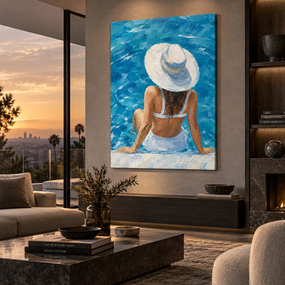 Beneath a Sunhat Brim: above a low dark console beside a sunset window and pale sofa
