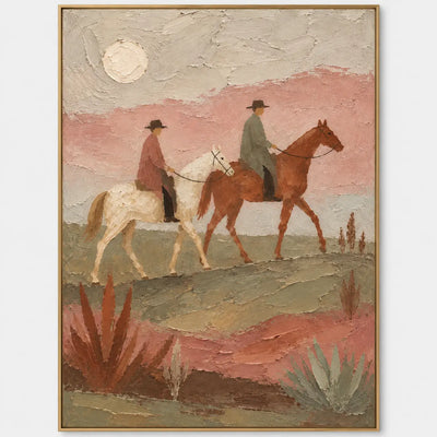 Beneath the Desert Moon: Two riders on cream and chestnut horses beneath a pale moon and muted pink hills