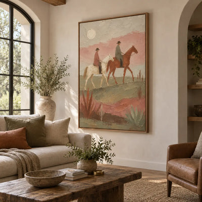 Beneath the Desert Moon: angled between a cream sofa and leather chair beside an arched window