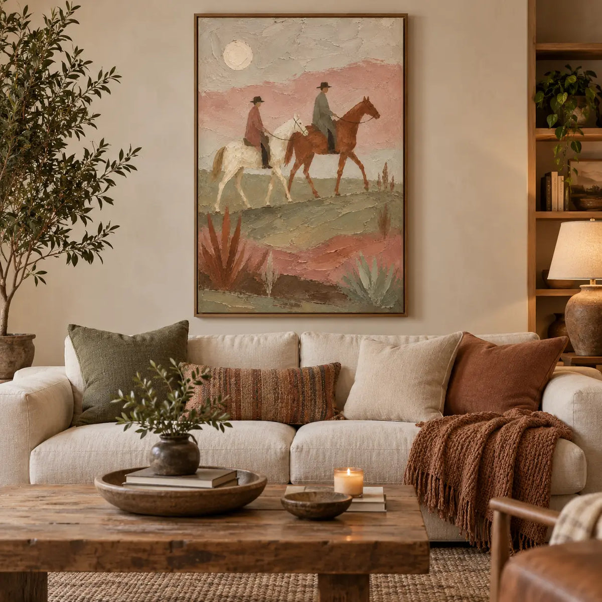 Beneath the Desert Moon: above a cream sofa with a rust throw beside lit wooden shelving