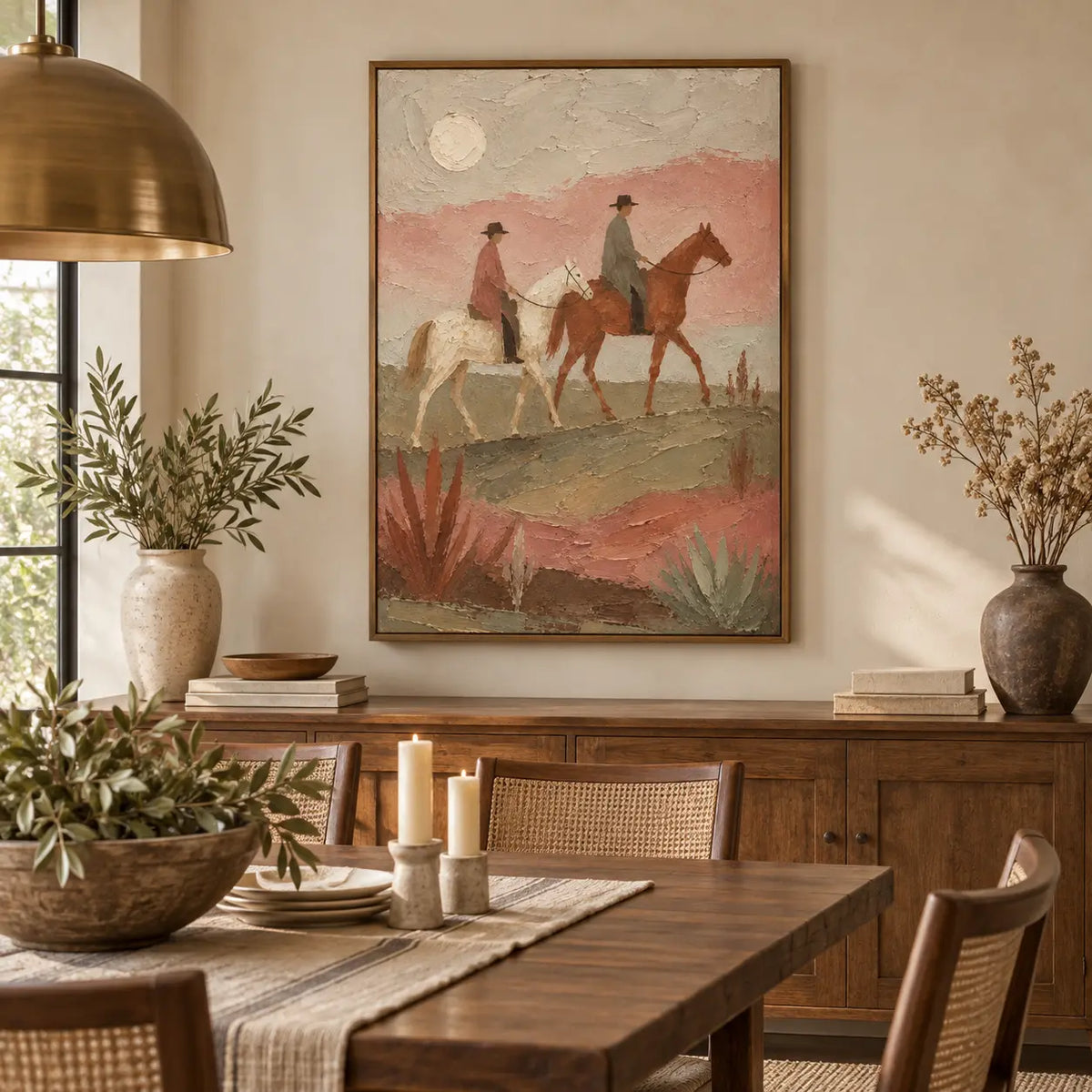 Beneath the Desert Moon: above a dining sideboard with cane chairs and a brass pendant