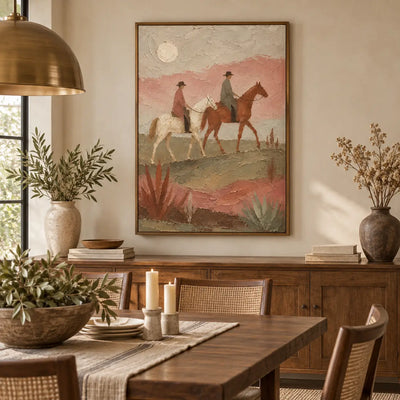 Beneath the Desert Moon: above a dining sideboard with cane chairs and a brass pendant
