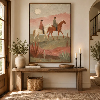 Beneath the Desert Moon: above a rustic console with black candlesticks beside a staircase