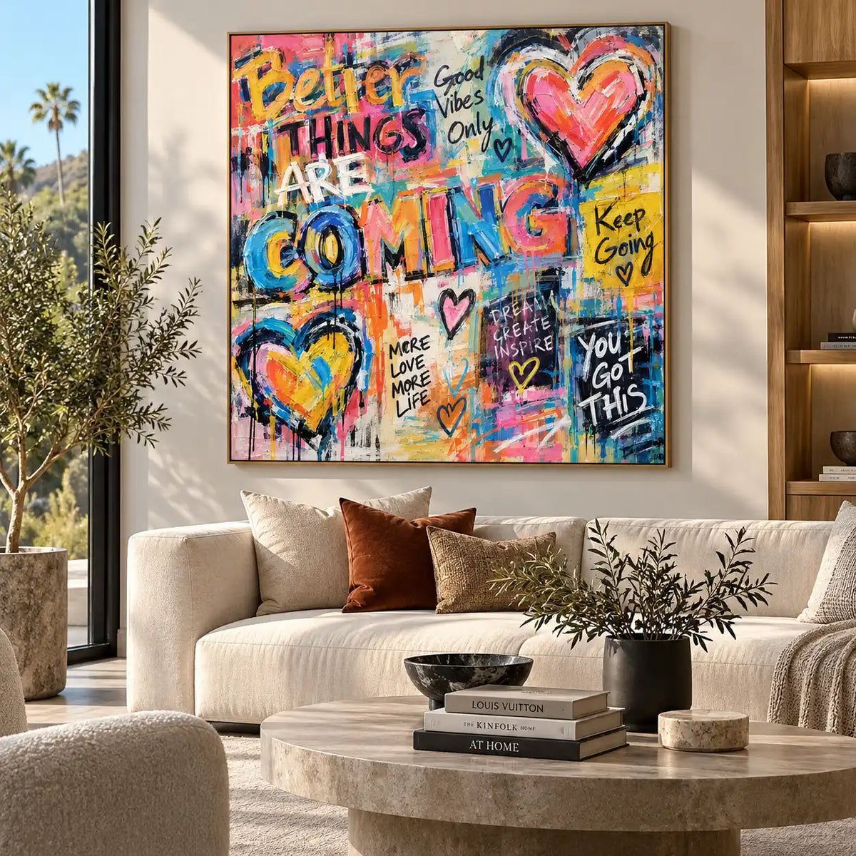 Better Things in Bright Letters: artwork above cream seating and a pale round stone coffee table