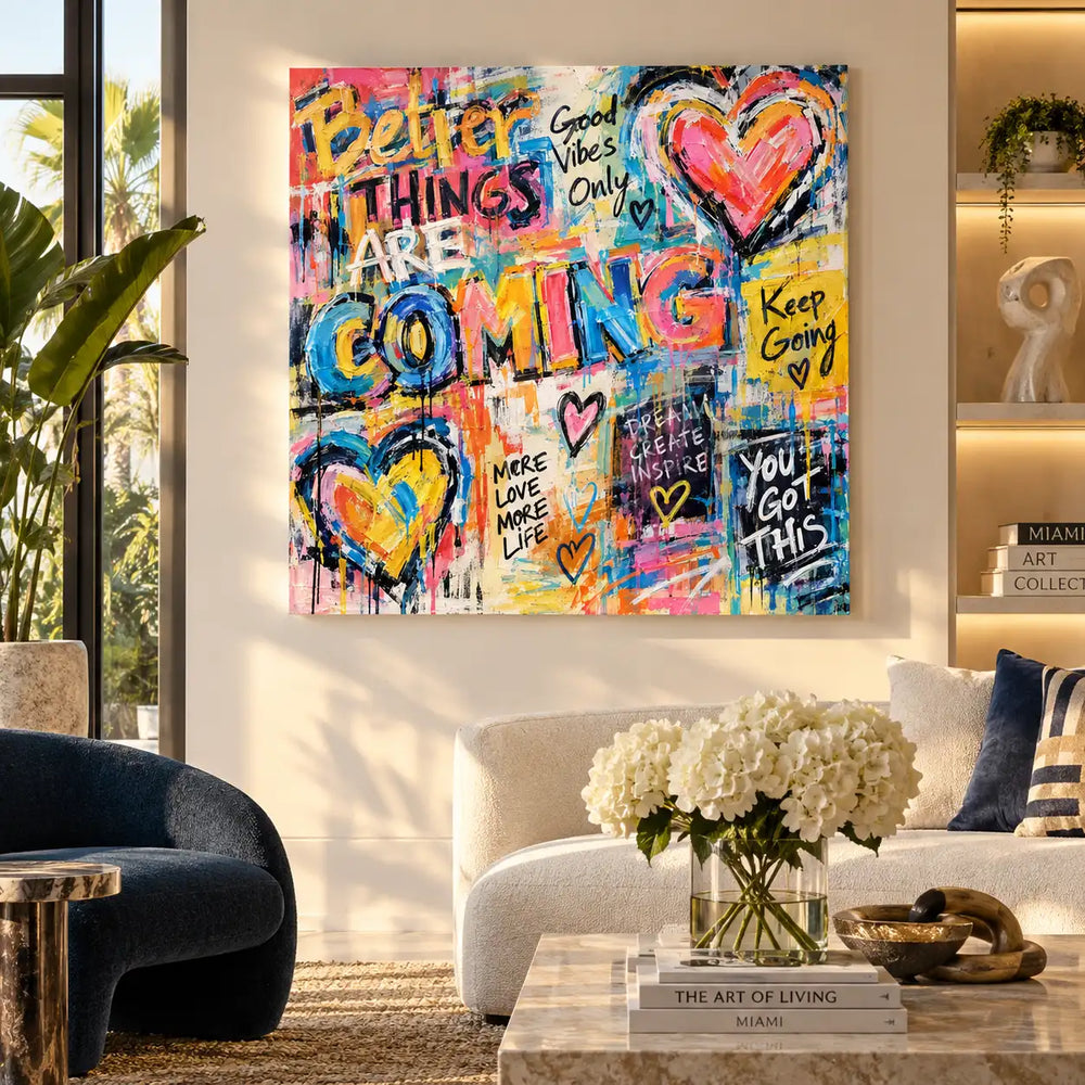 Better Things in Bright Letters: artwork above a curved white sofa with blue cushions and a light coffee table