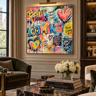Better Things in Bright Letters: artwork beside a green chair and illuminated bookshelves above nested marble tables