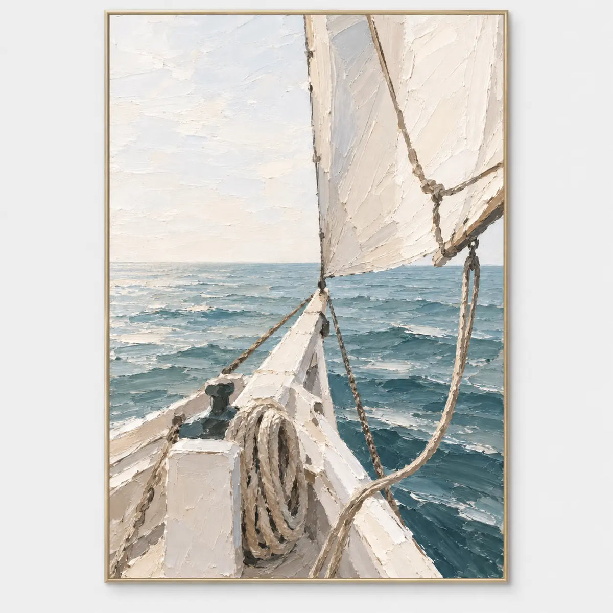 Beyond the Bow: A view past a sail, coiled rope and white deck toward blue sea