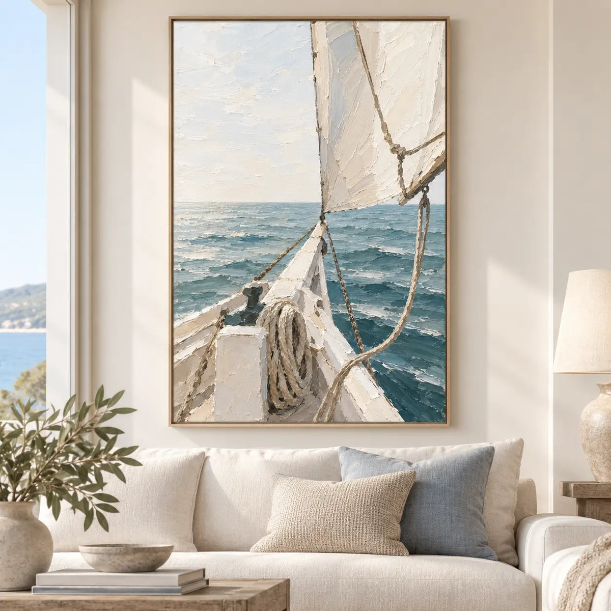 Beyond the Bow above a cream sofa beside a tall coastal window and wood coffee table