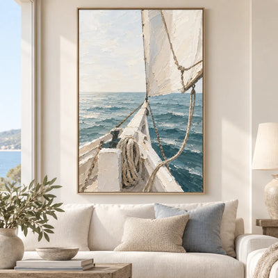 Beyond the Bow above a cream sofa beside a tall coastal window and wood coffee table