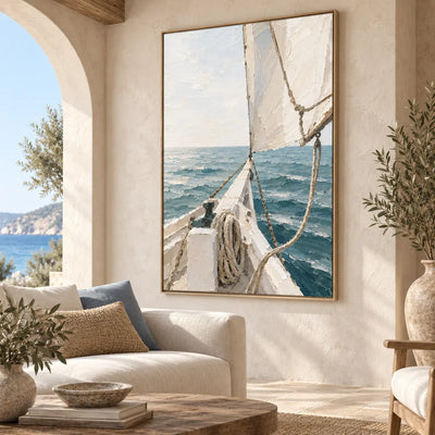 Beyond the Bow above a curved sofa near an archway and round wood table