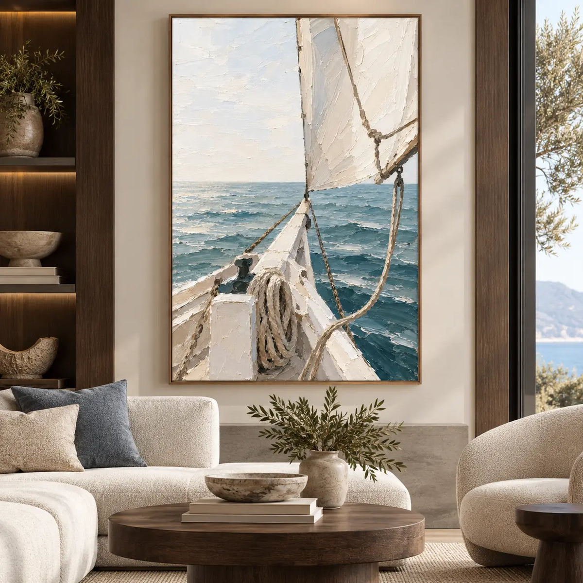 Beyond the Bow above a sectional beside dark shelves and a low circular table