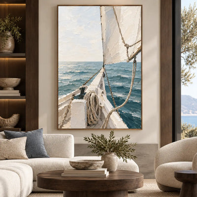 Beyond the Bow above a sectional beside dark shelves and a low circular table