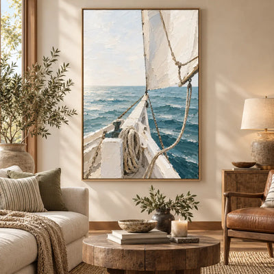 Beyond the Bow above a neutral sofa beside a leather chair and tall window