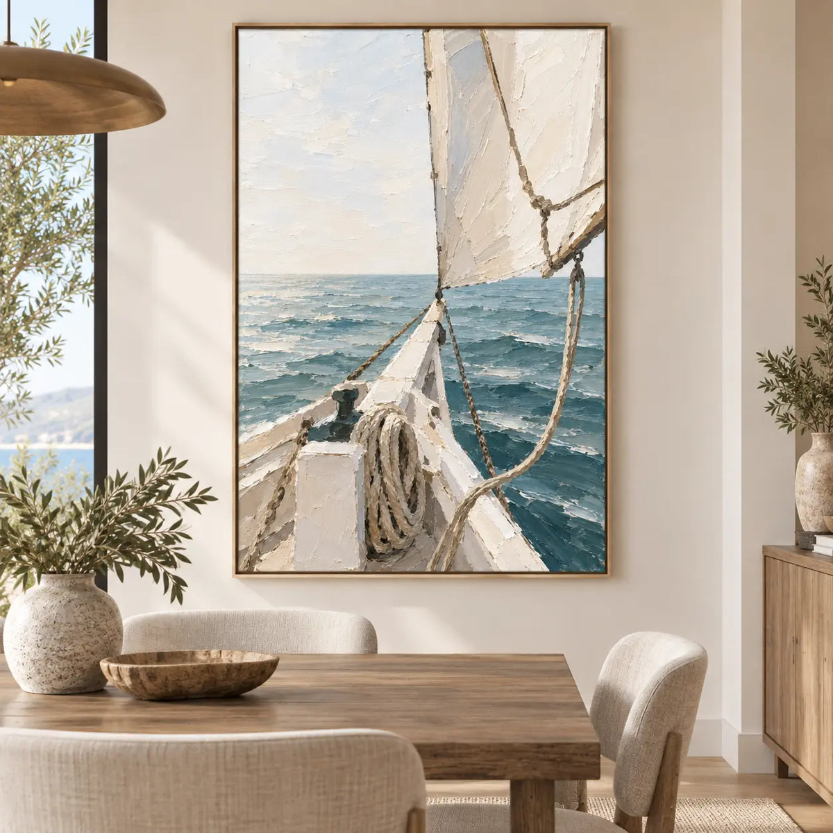 Beyond the Bow above a wood dining table with upholstered chairs and a shallow brass pendant