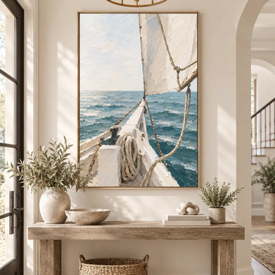 Beyond the Bow over an entry console beside a staircase and a woven basket