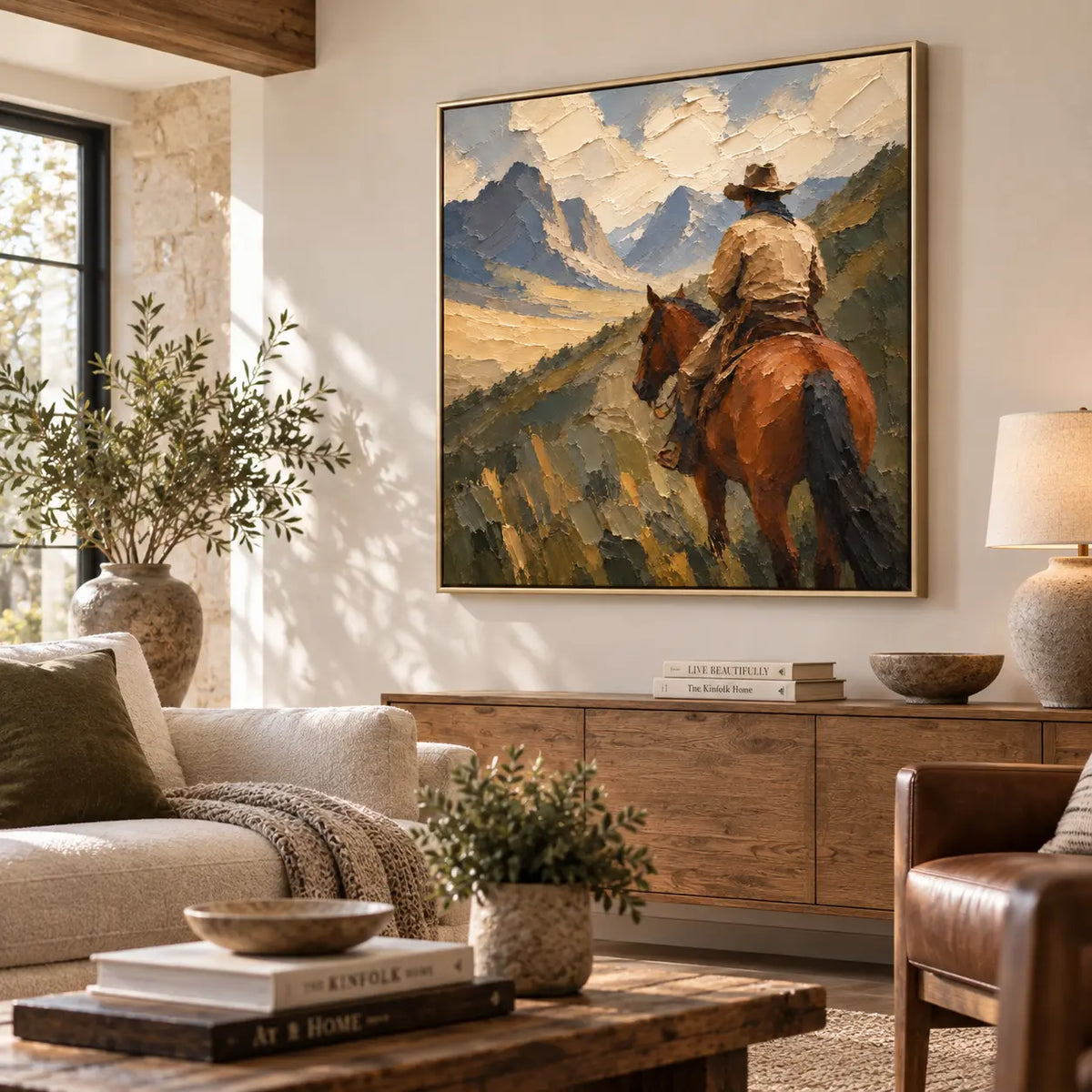 Beyond the Saddle: angled above a wood sideboard between cream and leather seating