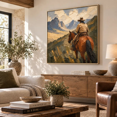 Beyond the Saddle: angled above a wood sideboard between cream and leather seating