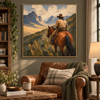 Beyond the Saddle: above a brown leather chair beside a wood bookcase