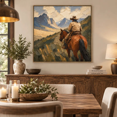 Beyond the Saddle: above a rustic dining sideboard behind a table with glass candle holders