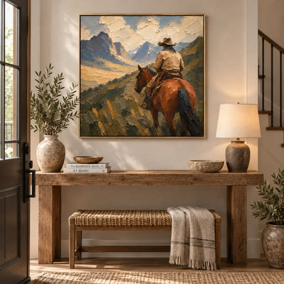 Beyond the Saddle: above an entry console and woven bench beside a staircase
