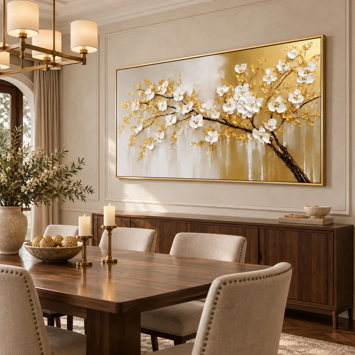 Blossoms on a Golden Bough: behind a wood dining table with brass candlesticks and cream chairs