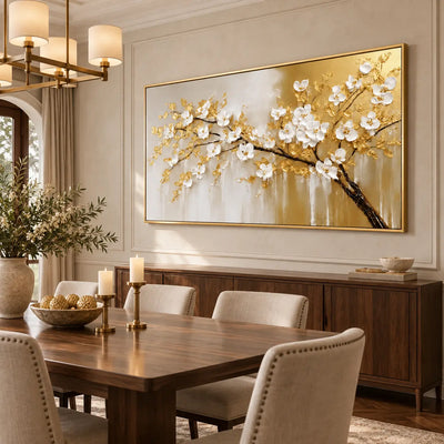 Blossoms on a Golden Bough: behind a wood dining table with brass candlesticks and cream chairs
