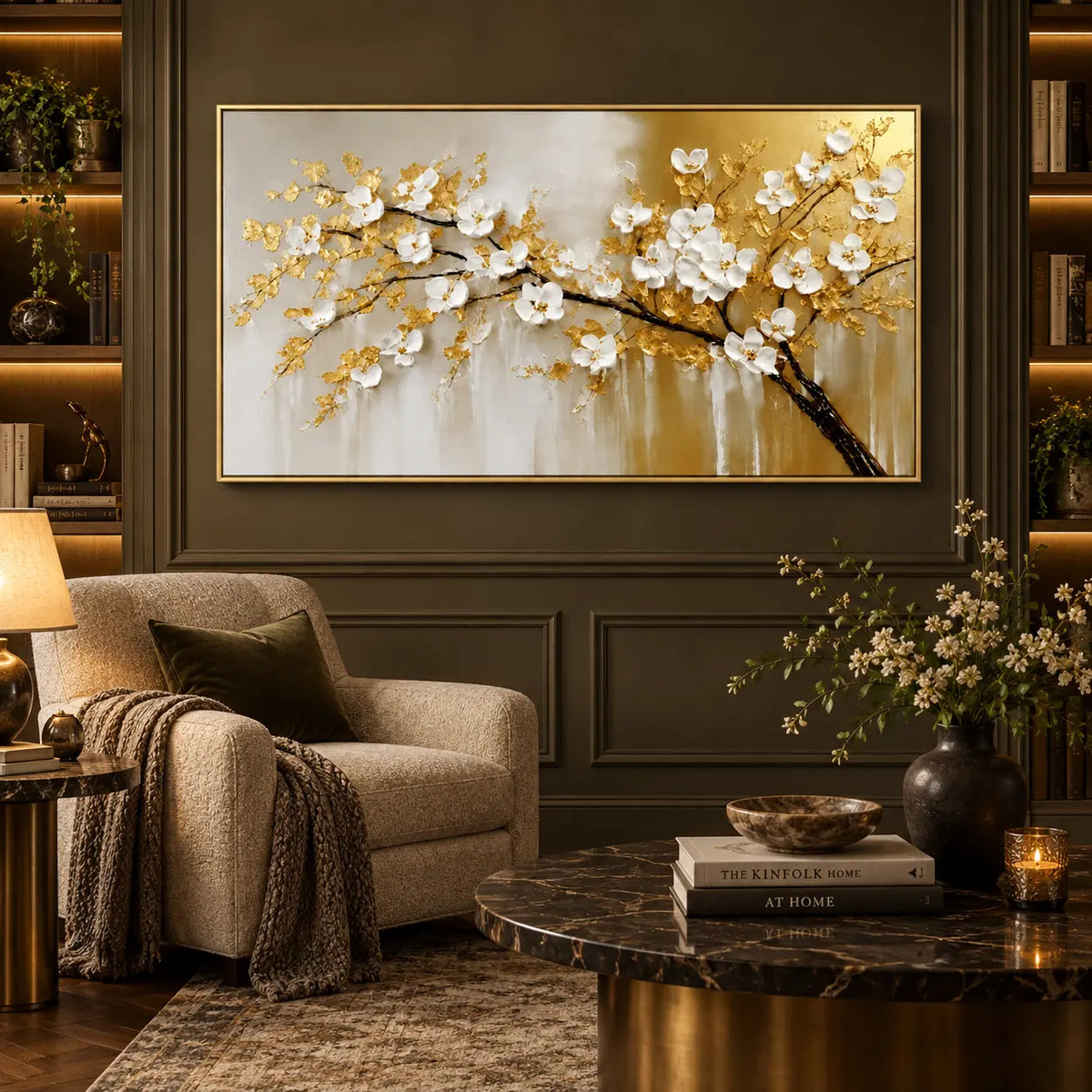 Blossoms on a Golden Bough: on a dark paneled wall between illuminated shelves beside a reading chair