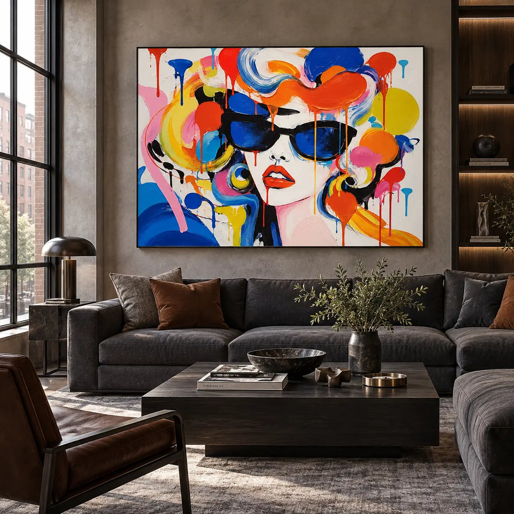 Blue Lenses and Tangerine Curls: artwork above a charcoal sofa beside a window and black coffee table