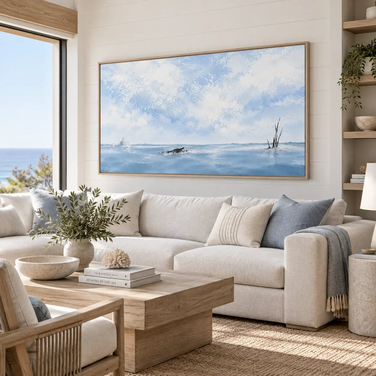 Branches in the Winter Expanse: above a cream sofa and pale table beside shelves with pottery