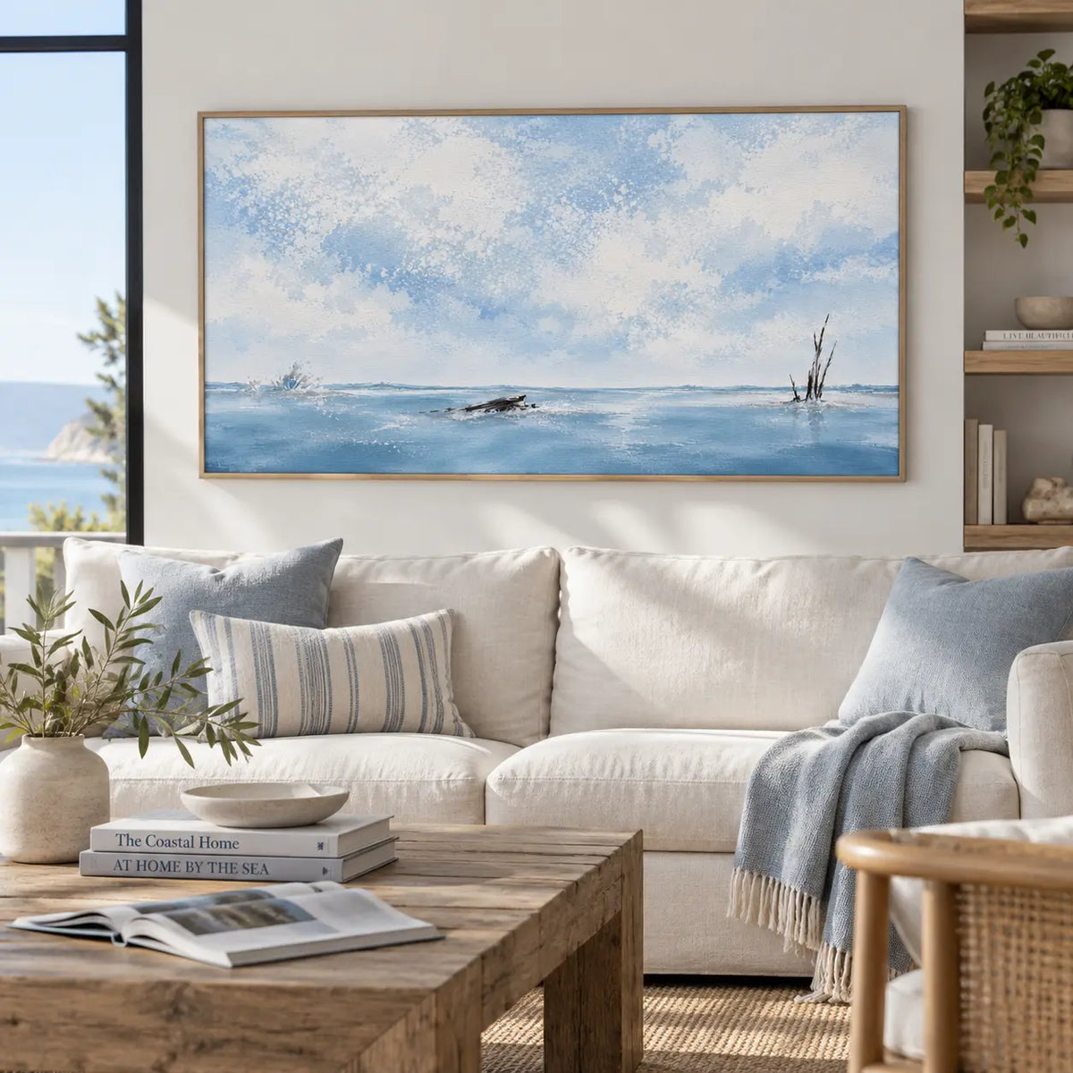 Branches in the Winter Expanse: above a cream sofa with striped blue cushions beside a tall window