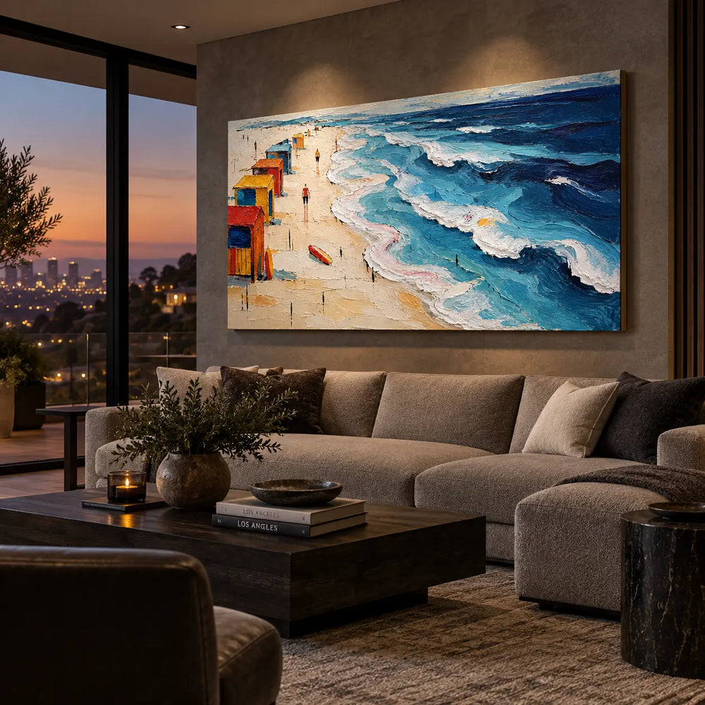 Cabins Along the Break: above a taupe sectional beside sunset glazing and a dark coffee table
