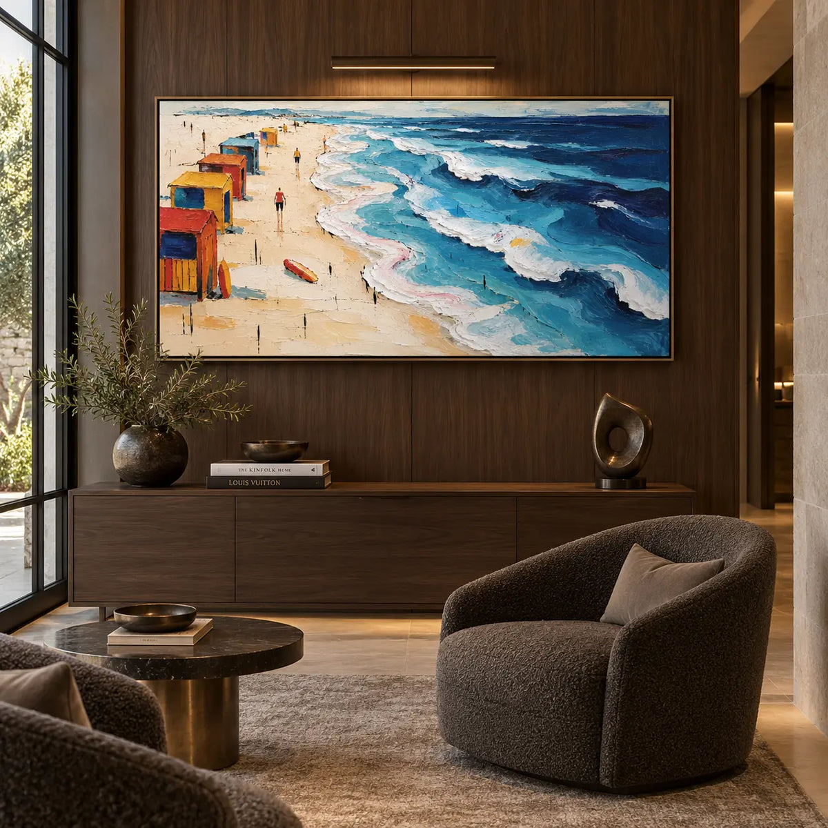 Cabins Along the Break: above a long dark console beside a rounded brown lounge chair