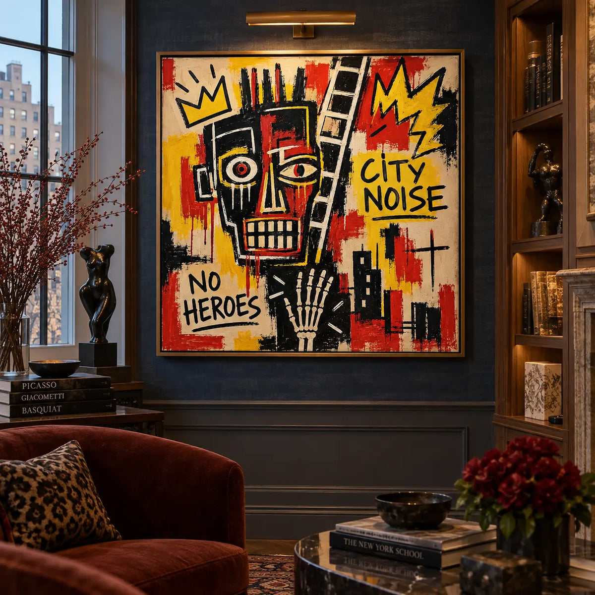 City Noise and the Ladder: artwork beneath a brass picture light beside illuminated bookshelves and a rust chair