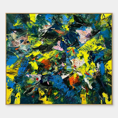 Cobalt and Citron Collision: Cobalt blue and bright yellow gestures collide with dark green, pink and orange fragments