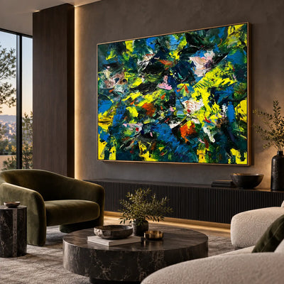 Cobalt and Citron Collision: Angled painting view above a ribbed cabinet with olive and cream lounge chairs