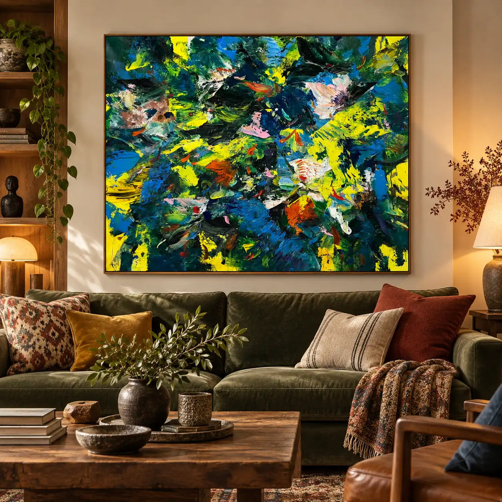 Cobalt and Citron Collision: above an olive sofa with colorful cushions and wooden shelves